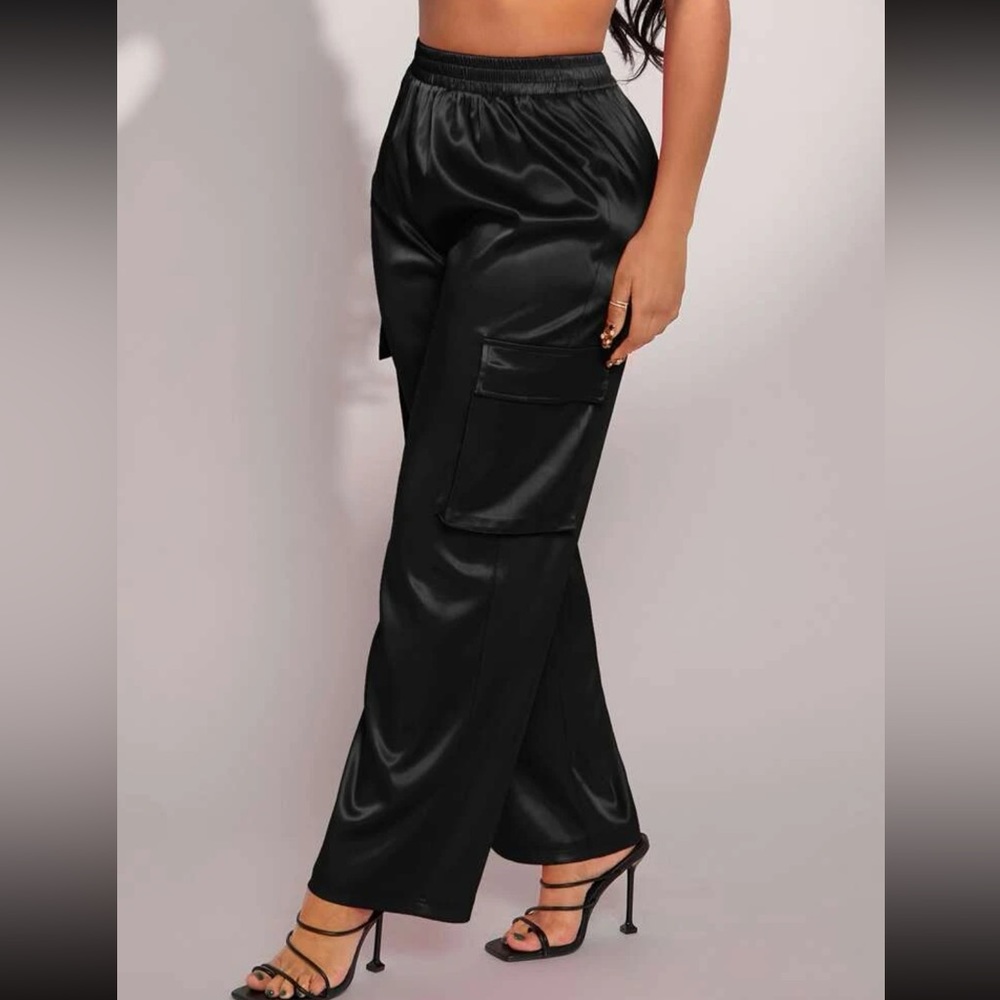 Black Flap Pocket Side satin Cargo Pants - Picture 3 of 6